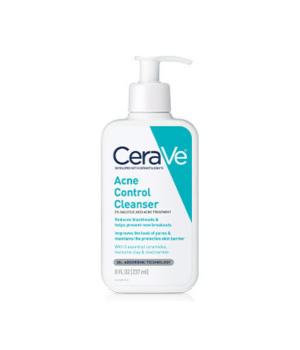 White pump container that holds CeraVe Acne Control Cleanser