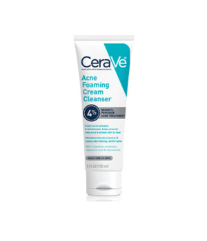 White squeezable container that holds CeraVe Acne Foaming Cream Cleanser 4% BPO