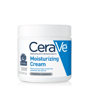 White round container that holds CeraVe Moisturizing Cream