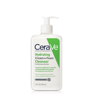 White pump container that holds CeraVe Hydrating Cream-to-Foam Cleanser