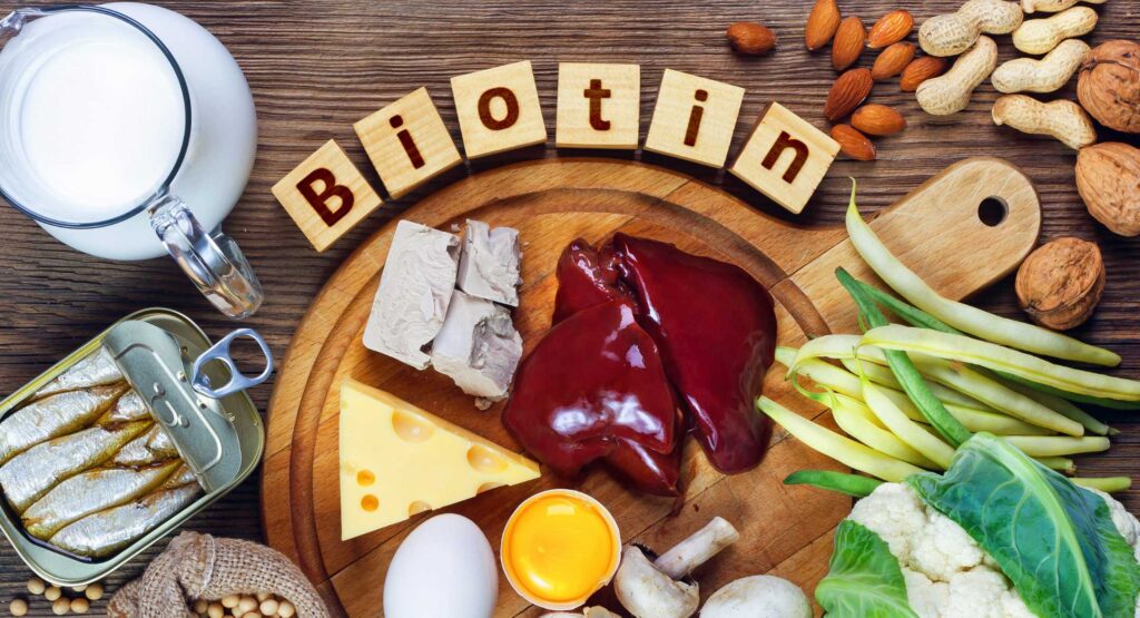 Biotin in alphabet block, and fruits, veggies, and meats