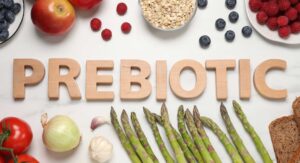 Prebiotic letters with fruits and veggies