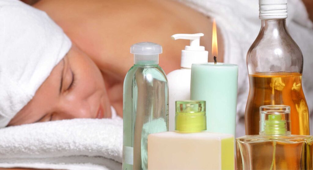 Oil and skin care products with a woman