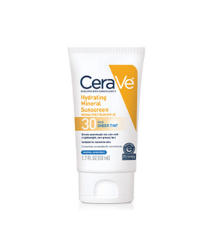 White squeezable container that holds CeraVe Hydrating Mineral Sunscreen SPF 30 Face Sheer Tint