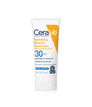 White squeezable container that holds CeraVe Hydrating Mineral Sunscreen SPF 30