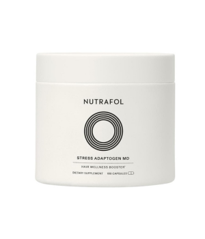 White round container that holds Nutrafol Stress Adaptogen MD on a white background